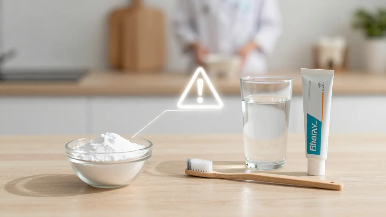 Kuchyňský stolek s jedlou sodou, zubní pastou a varovným symbolem v minimalistickém stylu.