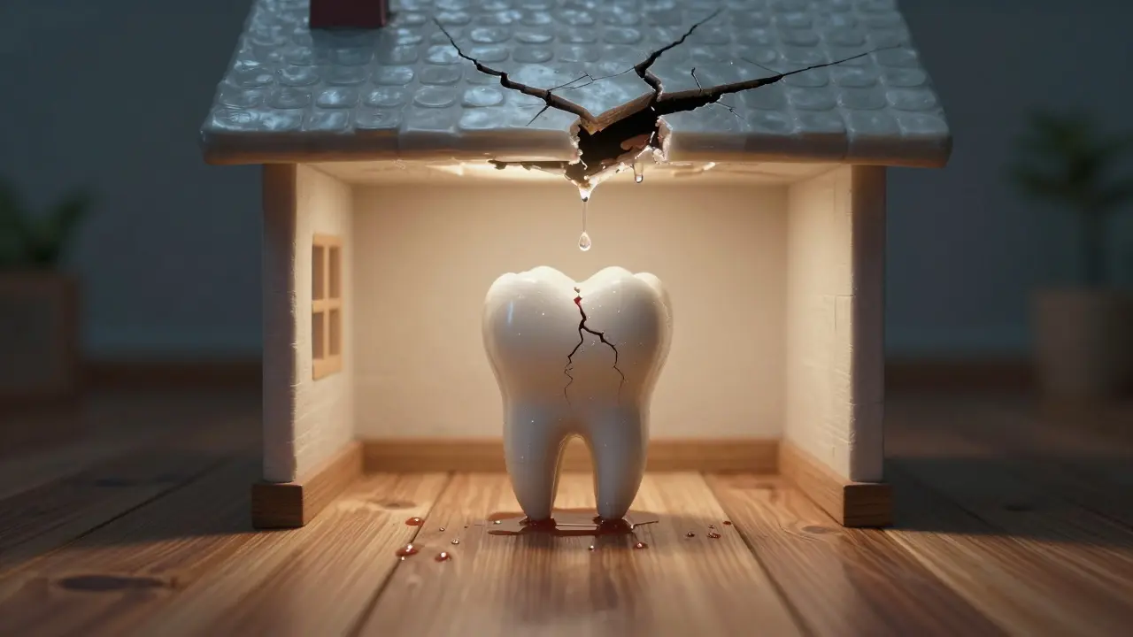 Metafora prasklé skloviny jako skrytého praskliny ve stropě domu.