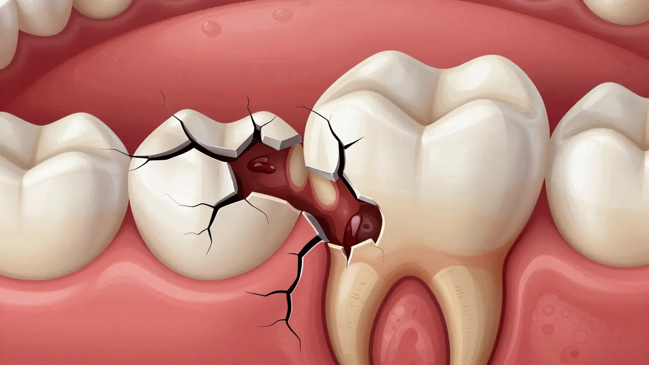 Mikroskopický pohled na poškozený veneer s bakteriemi a karies pod ním