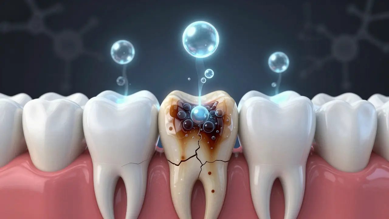 Mikroskopický pohled na pronikání peroxidu vodíku do skloviny zubu a rozklad pigmentů.