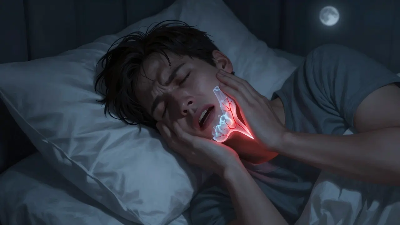 Muž v posteli drží ruku na tváři, zatímco pod kůží jeho čelisti svítí infikovaný kořen zubu.