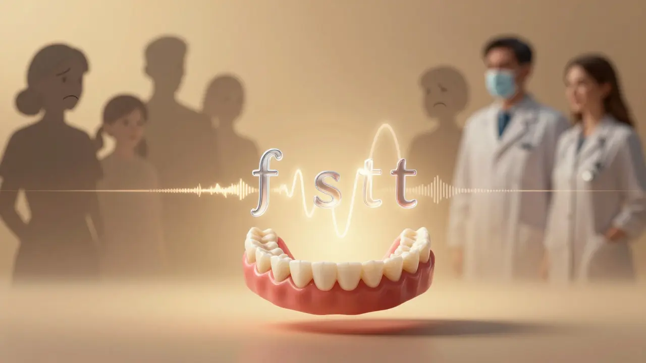 Náhradní zuby v prostoru vysílají zvukové vlny ve formě písmen 'f', 's', 't', 'v', symbolizující návrat hlasu.