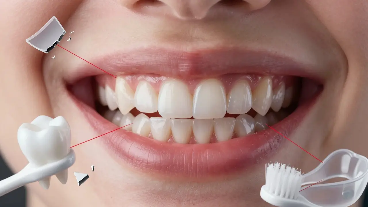 Natural-looking smile with layered porcelain veneers beside broken elements showing poor care and materials.