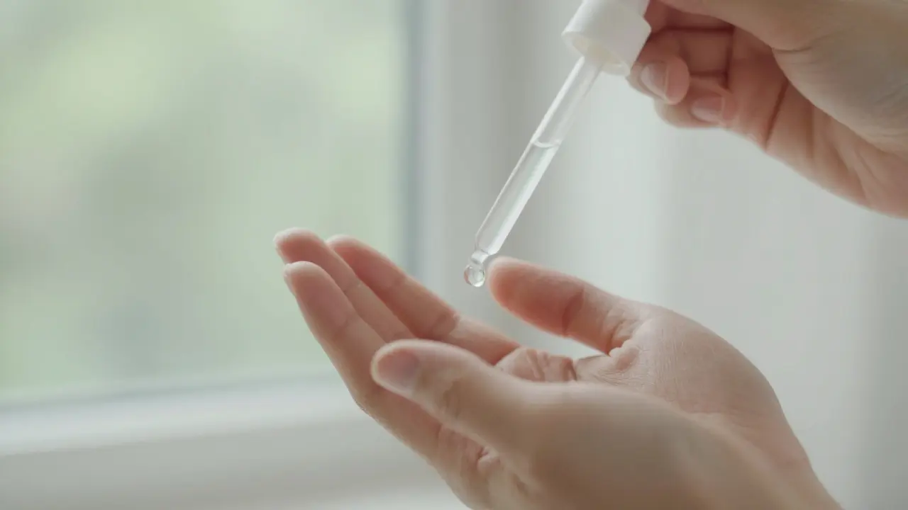 Osoba aplikuje solný roztok do ucha pomocí kapátka.