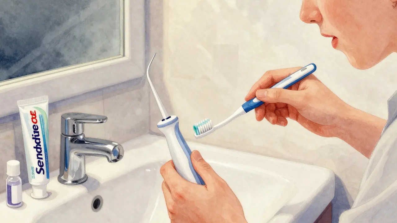 Osoba čistí zuby interdentalním kartáčkem a vodním flossem ve koupelně, na stole jsou zubní pasty a vosk.