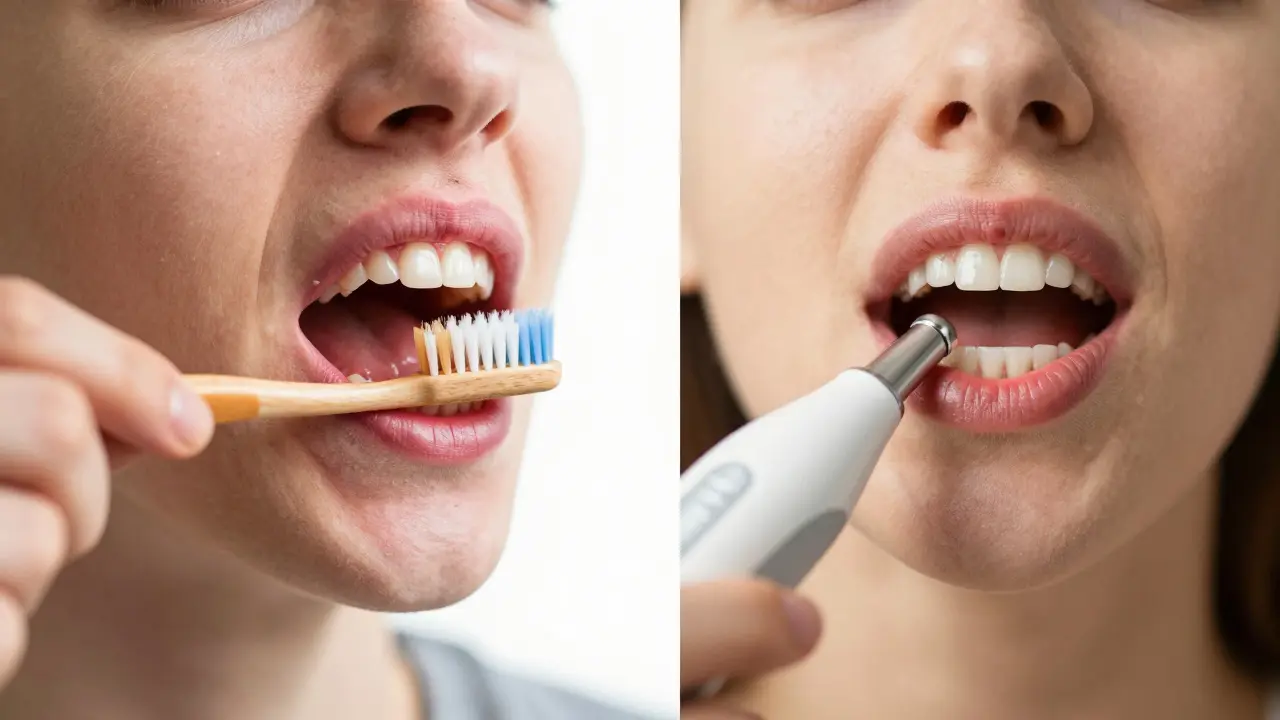 Porovnání tradičního kartáčku a ultrazvukového čističe zubů.