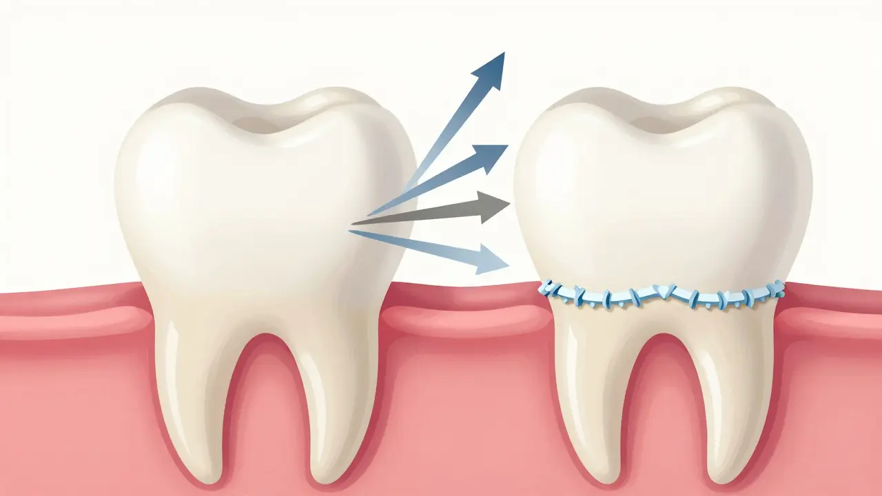 Průřez zubem s vystavenými dentinovými kanálky a jejich uzávěrem hydroxyapatitem.
