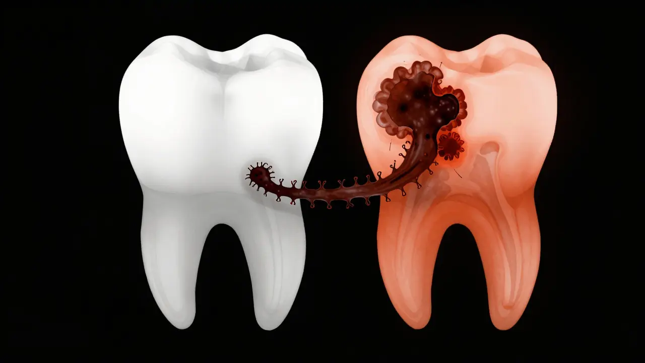 Rentgenový obraz porovnává zdravý zub s infikovaným, kde infekce šíří černé výběžky do čelisti.