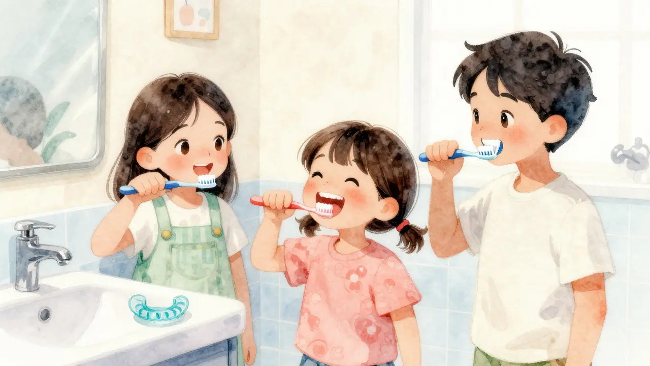 Rodina čistí zuby fluoridovou pastou s ochranným štítem