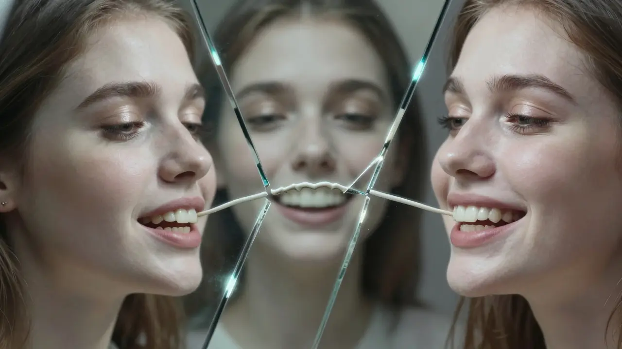 Rozdělené zrcadlo zobrazuje přechod od nejistoty k sebevědomí prostřednictvím keramických fazet.