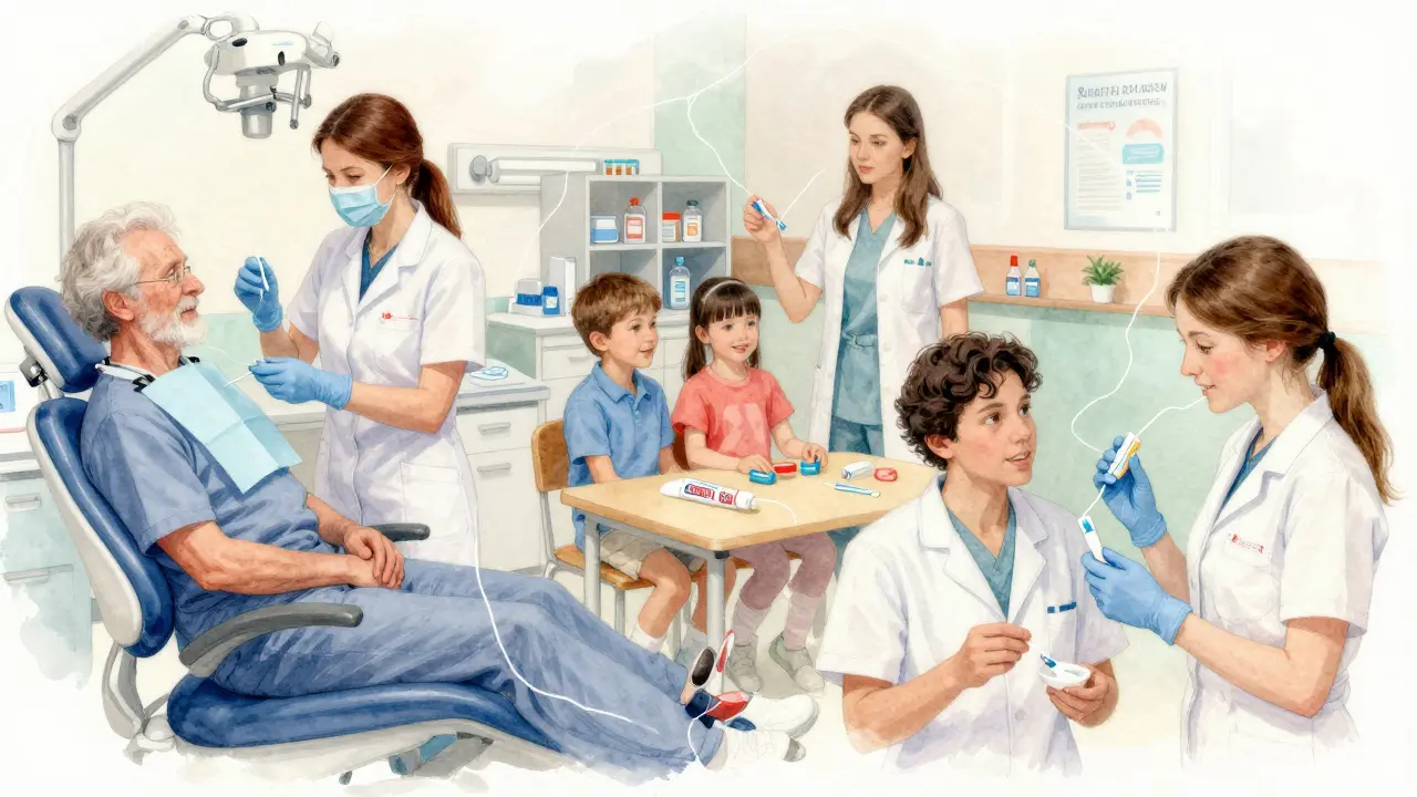 Různé obory práce dentální hygienistky: nemocnice, škola, vývoj produktů.