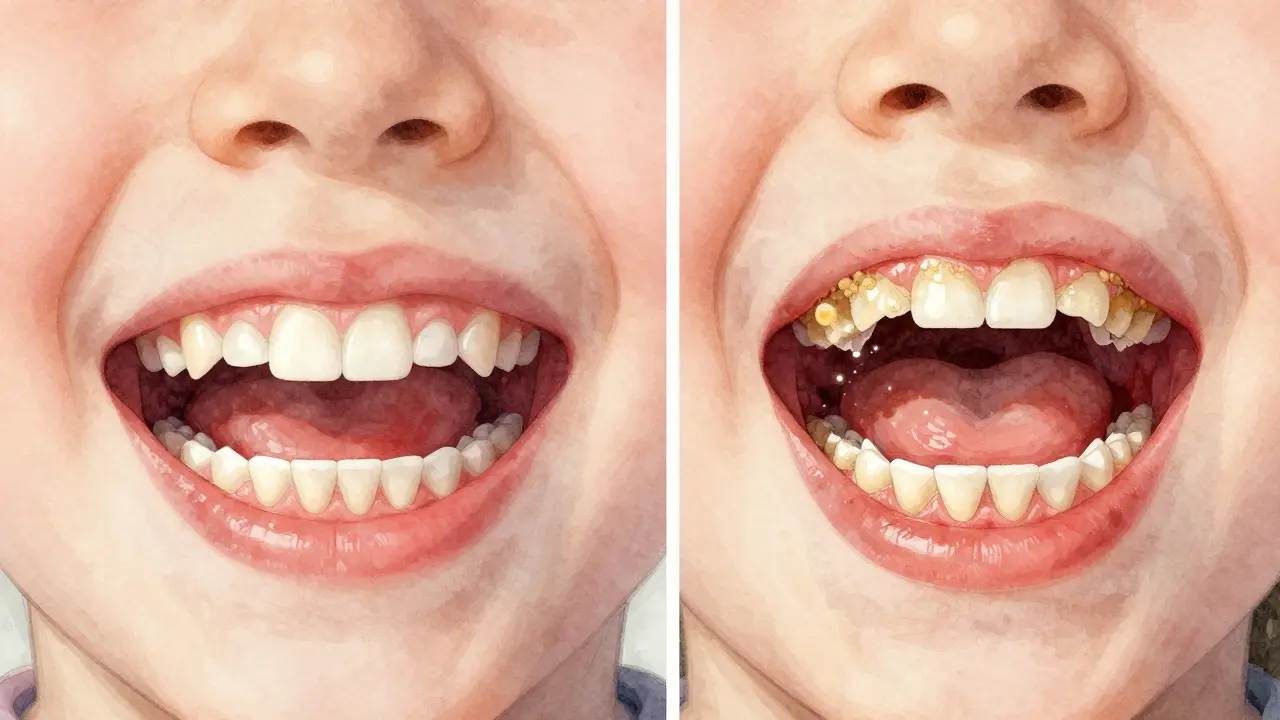 Srovnání zdravých a postižených zubů dítěte s viditelným zubním kamenem a zánětem dásní.