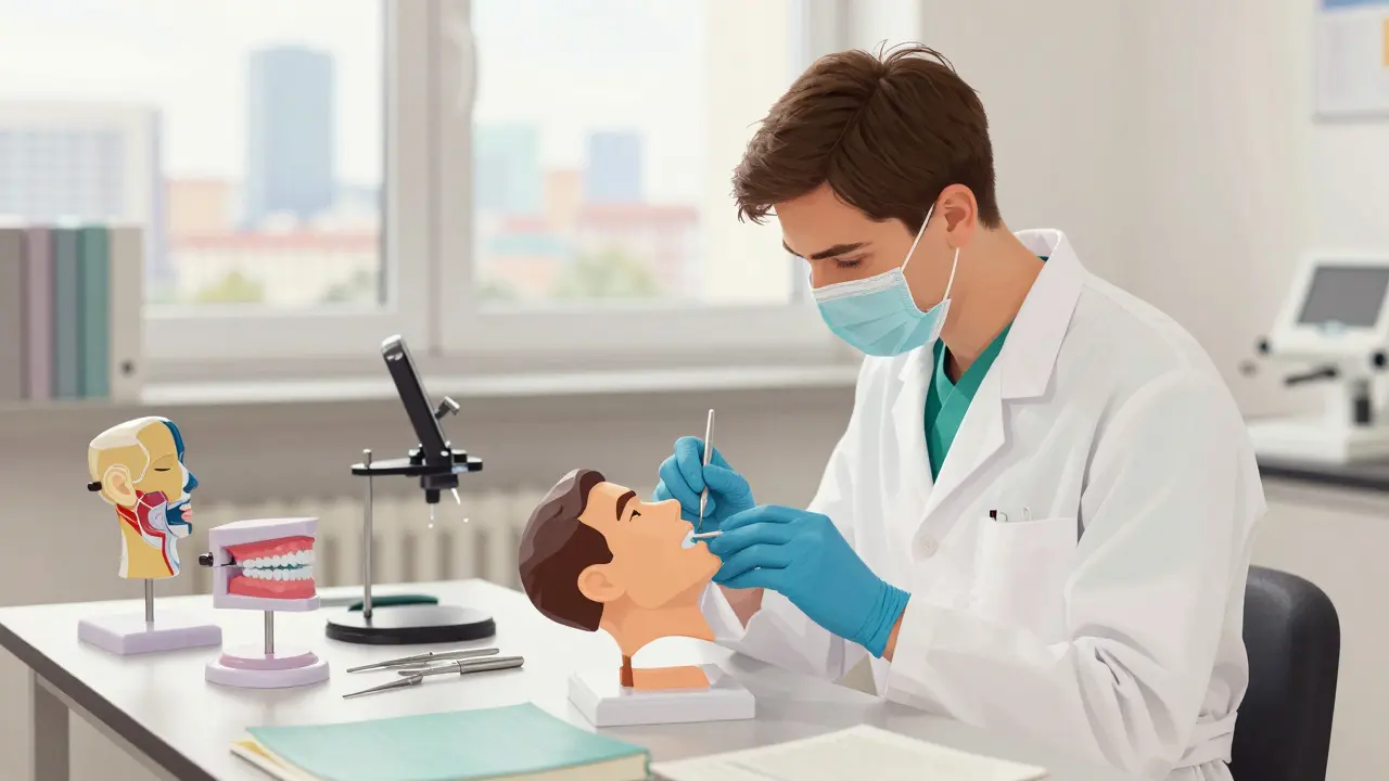 Studentka dentální hygieny cvičí na manikýrce ve třídě.