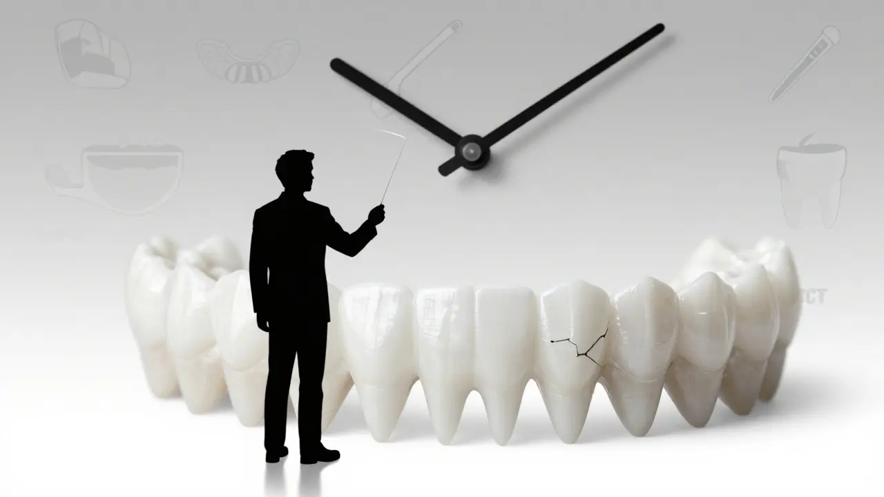 Symbolický obraz hodin ukazujících postupné poškozování veneerů zanedbáváním