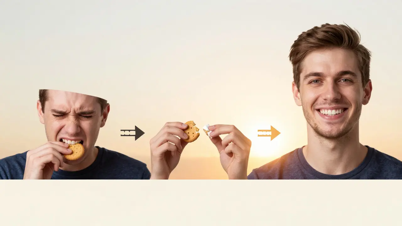 Tři scény v jedné kompozici: bolest, přizpůsobení a úsměv — cesta k zdravým zubům s rovnátky.