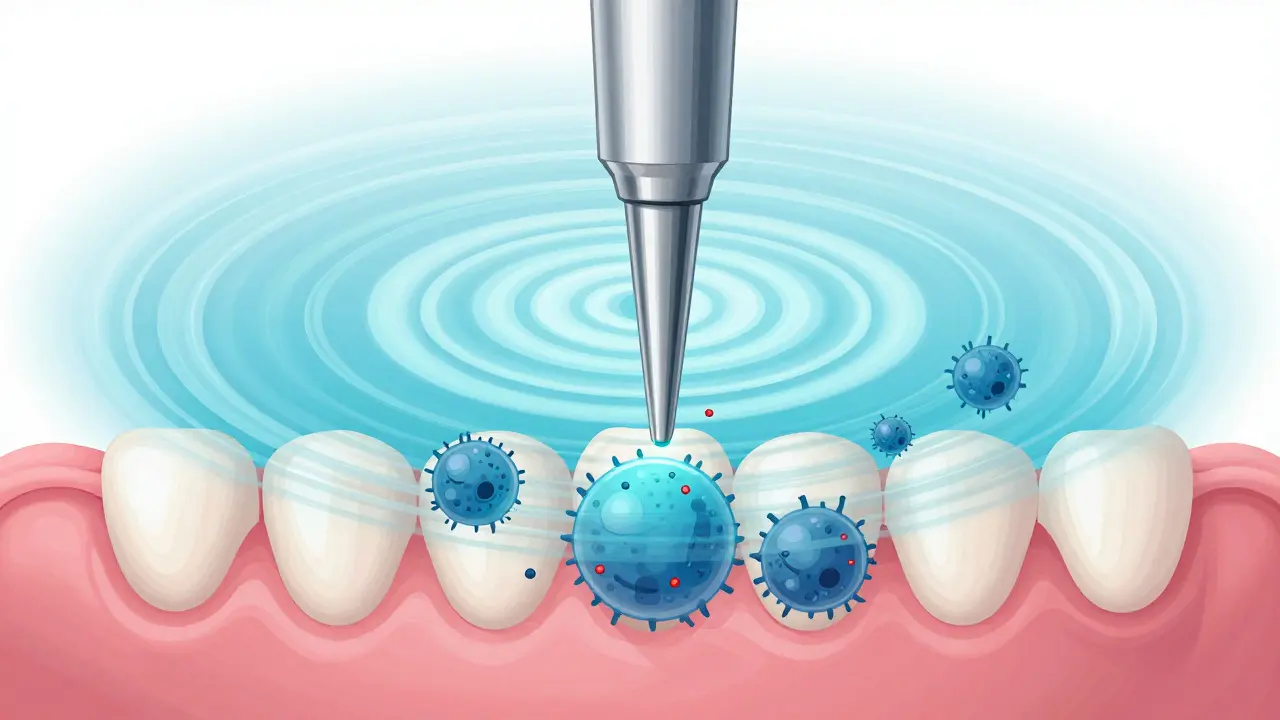 Ultrazvukové vlny pronikající pod dásně a odstraňující plak.