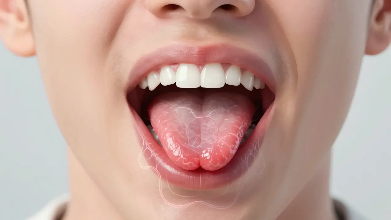 Uvnitř ústní dutiny se skrytě vynořují nezdravé bílé a červené oblasti, které připomínají nádor.