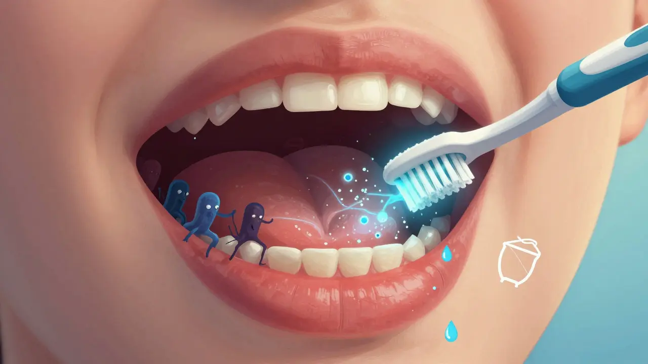 Vnitřní pohled na ústní dutinu s postupným přeměnou plaku na zubní kámen a jeho odstranění ultrazvukem.