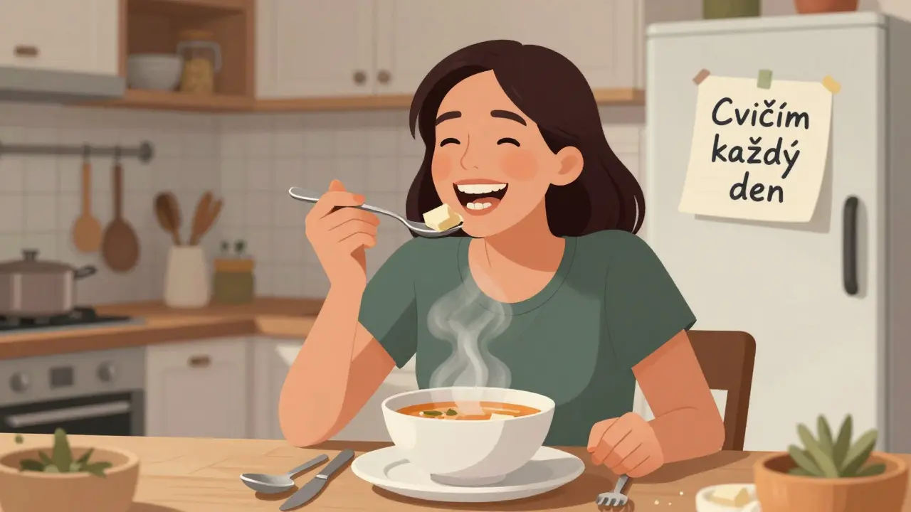 Žena jí s jemným úsměvem v kuchyni, náhradní zuby jsou viditelné, jídlo je nakrájené na menší kousky.