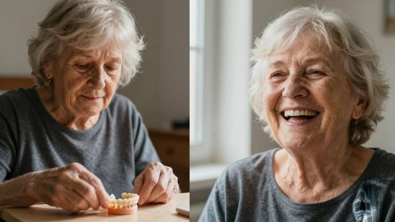 Žena před a po rekonstrukci chrupu: od smutného výrazu k otevřenému úsměvu.