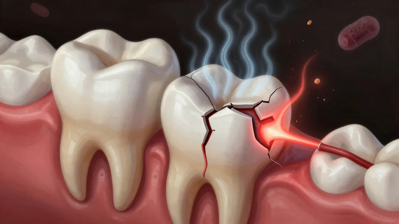 Zub s prasklinou, která vyvolává reakci nervu při teplotních podnětech.