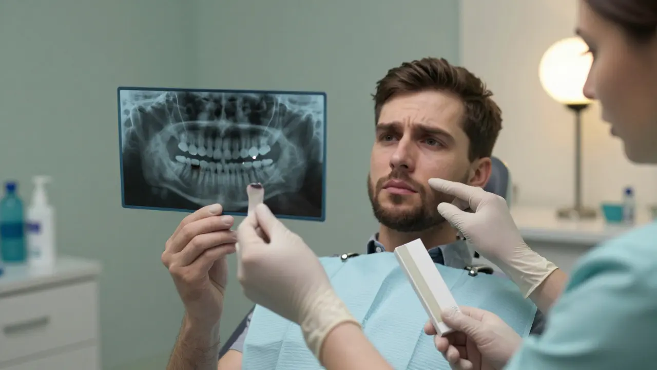 Zubař ukazuje pacientovi rozdíl mezi bělým zubem a tmavou plombou na rentgenovém snímku.