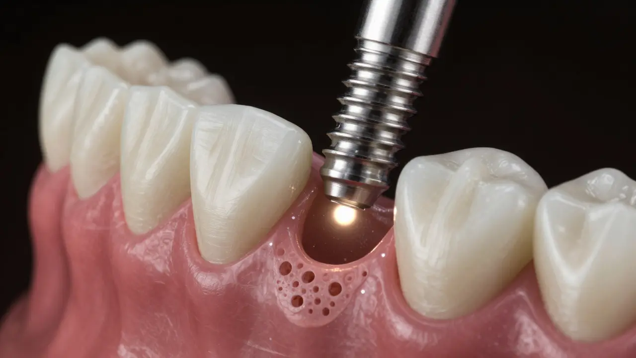 3D tisknutý titanový implantát se spojuje s kostí čelisti.