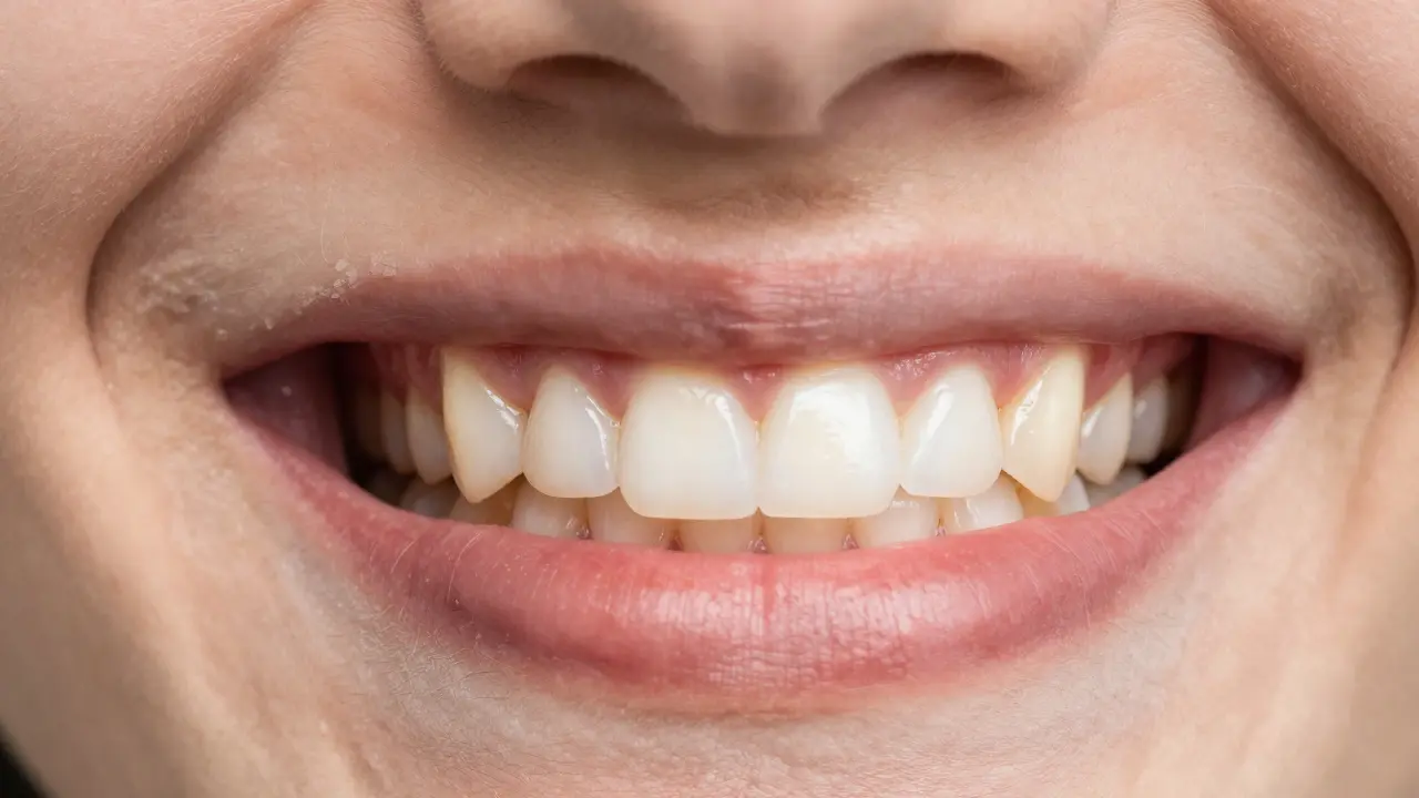 Before and after view of a smile with and without tartar buildup on teeth.