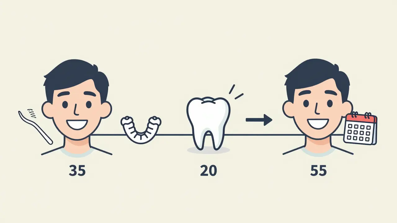 Chronologický vývoj zirkonové korunky od 35 do 55 let s prvky péče.
