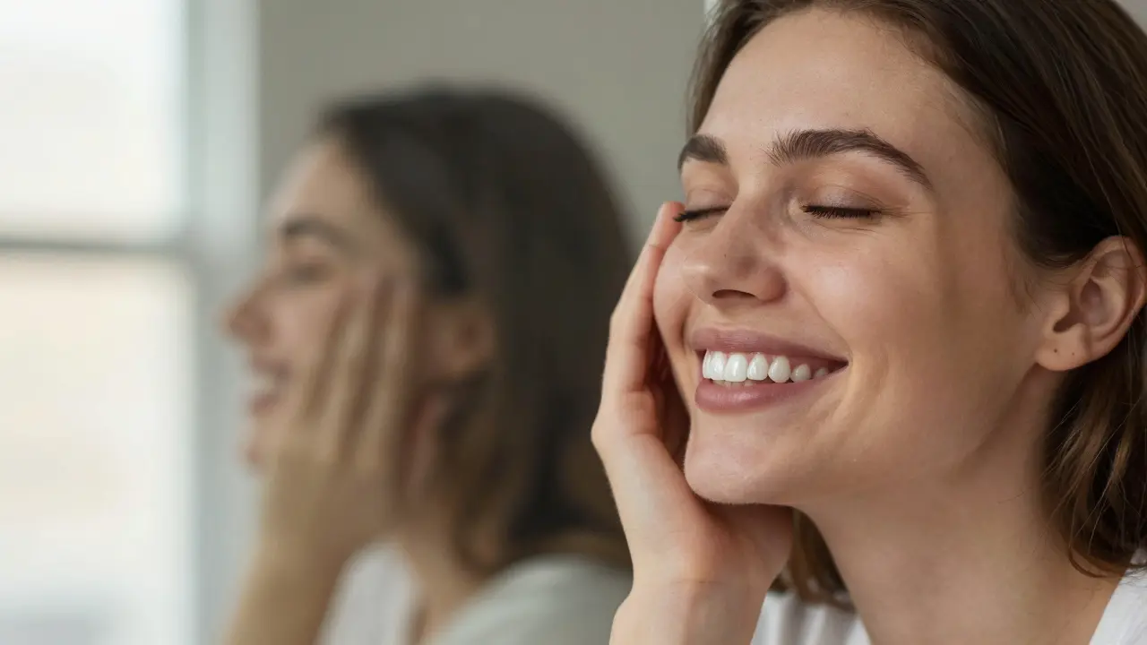 Člověk se usmívá s dokonalými zubními vklady, za ním zůstávají stíny starého sebe.