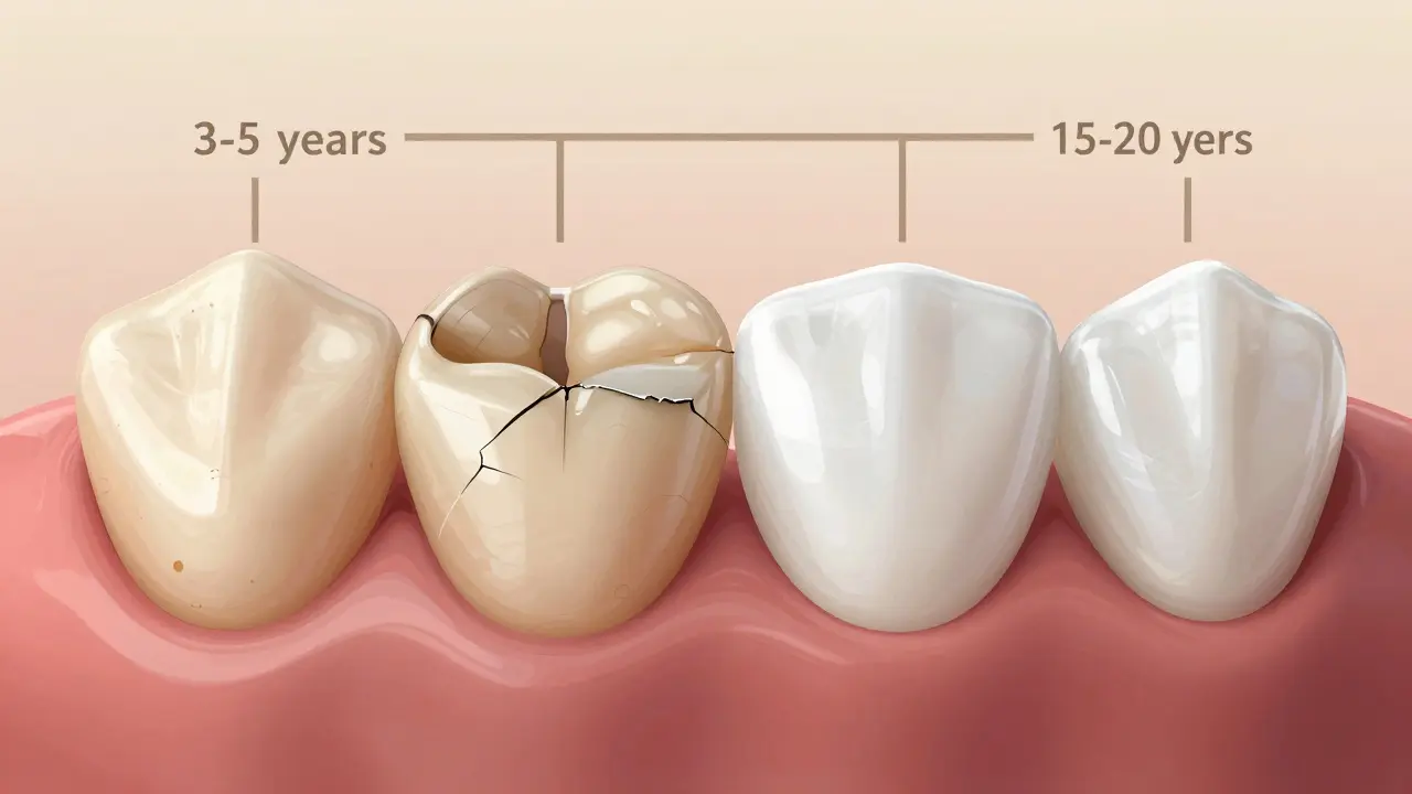 Comparison of discolored composite filling versus natural ceramic veneer on front teeth.