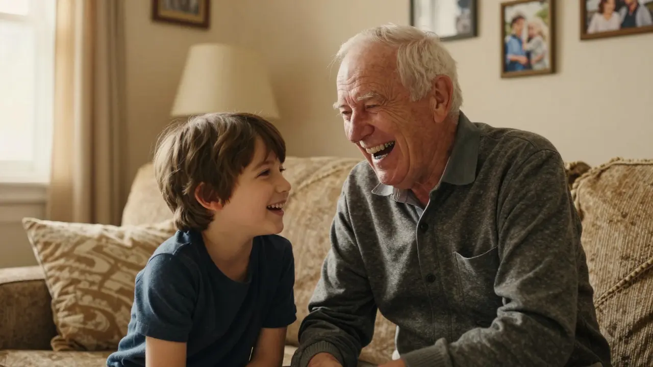 Dědeček se směje se svým vnukem, oba v teplém osvětlení, s přirozeným výrazem radosti.
