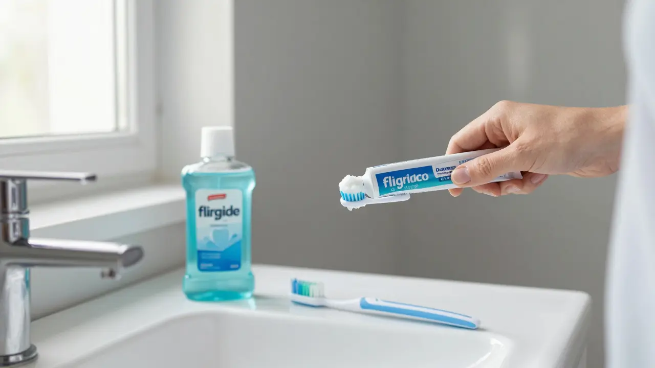 Denní hygiena úst v českém domě: fluoridová pasta a mezizubní kartáčky.