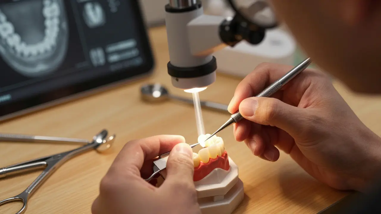 Dental technik připevňuje tenkou keramickou fazetu s přesným přechodem světla skrz materiál.