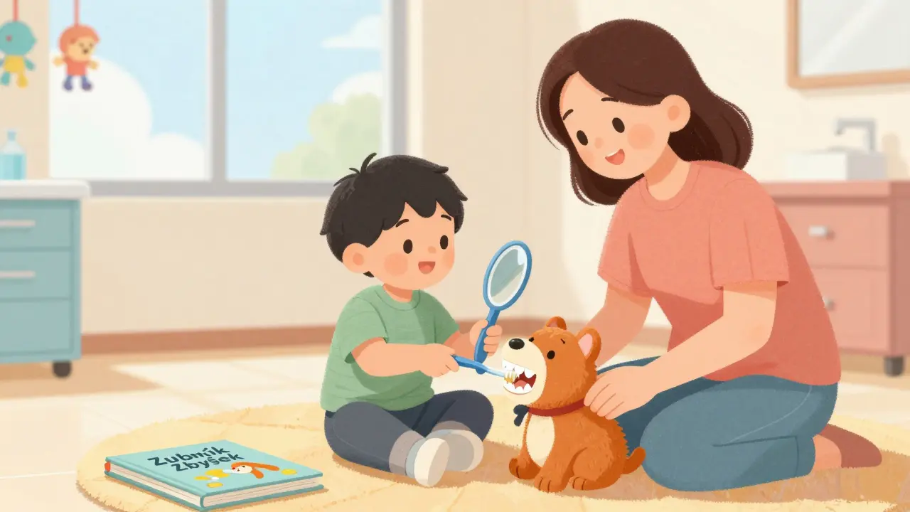 Dítě a rodič hrají doma na zubaře s panenkou, zrcadlem a kartou knihy o zubaři.