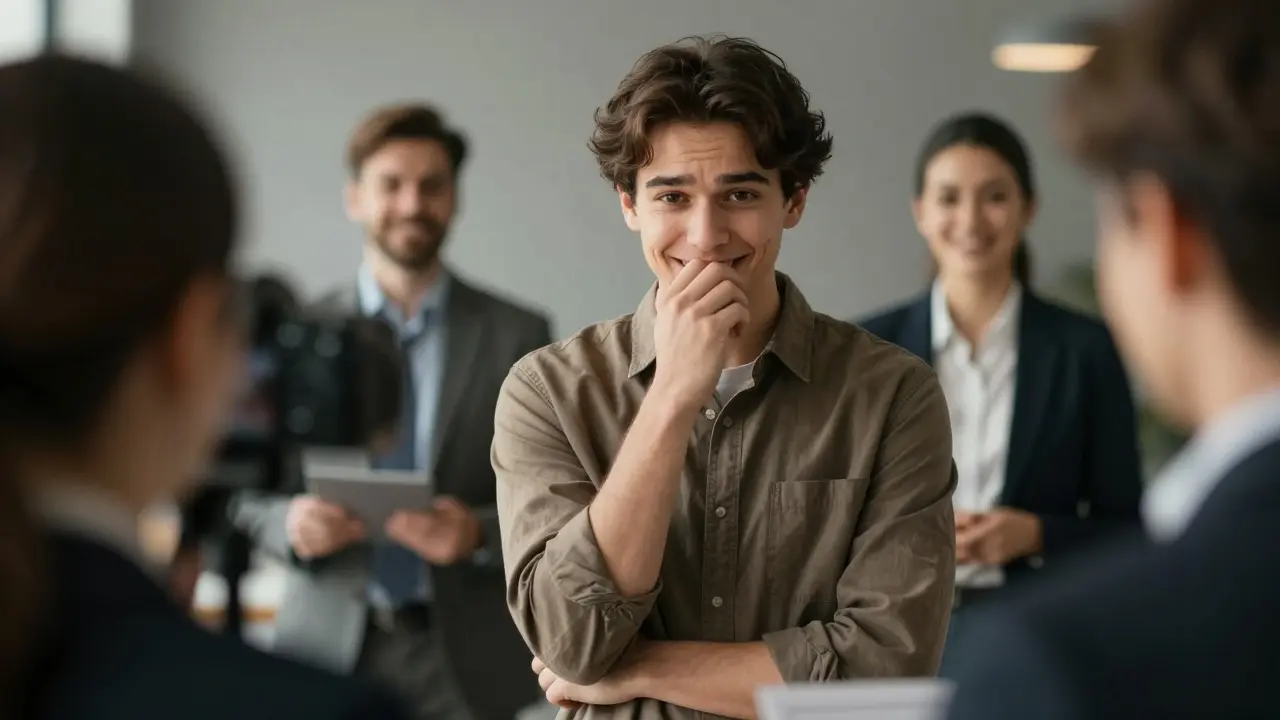 Dospělý se vyhýbá kamerě během pohovoru, jednou rukou přikrývá úsměv.
