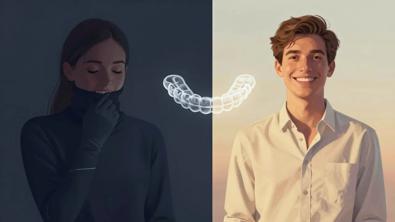 Dvě verze osoby: jedna se skrývá, druhá se vysvobodila — symbolický přechod.