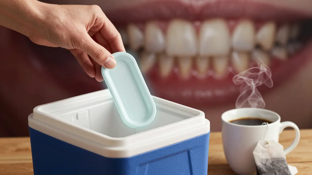 Gel Opalescence uložený v chladičovém boxu vedle kávy a černého čaje.