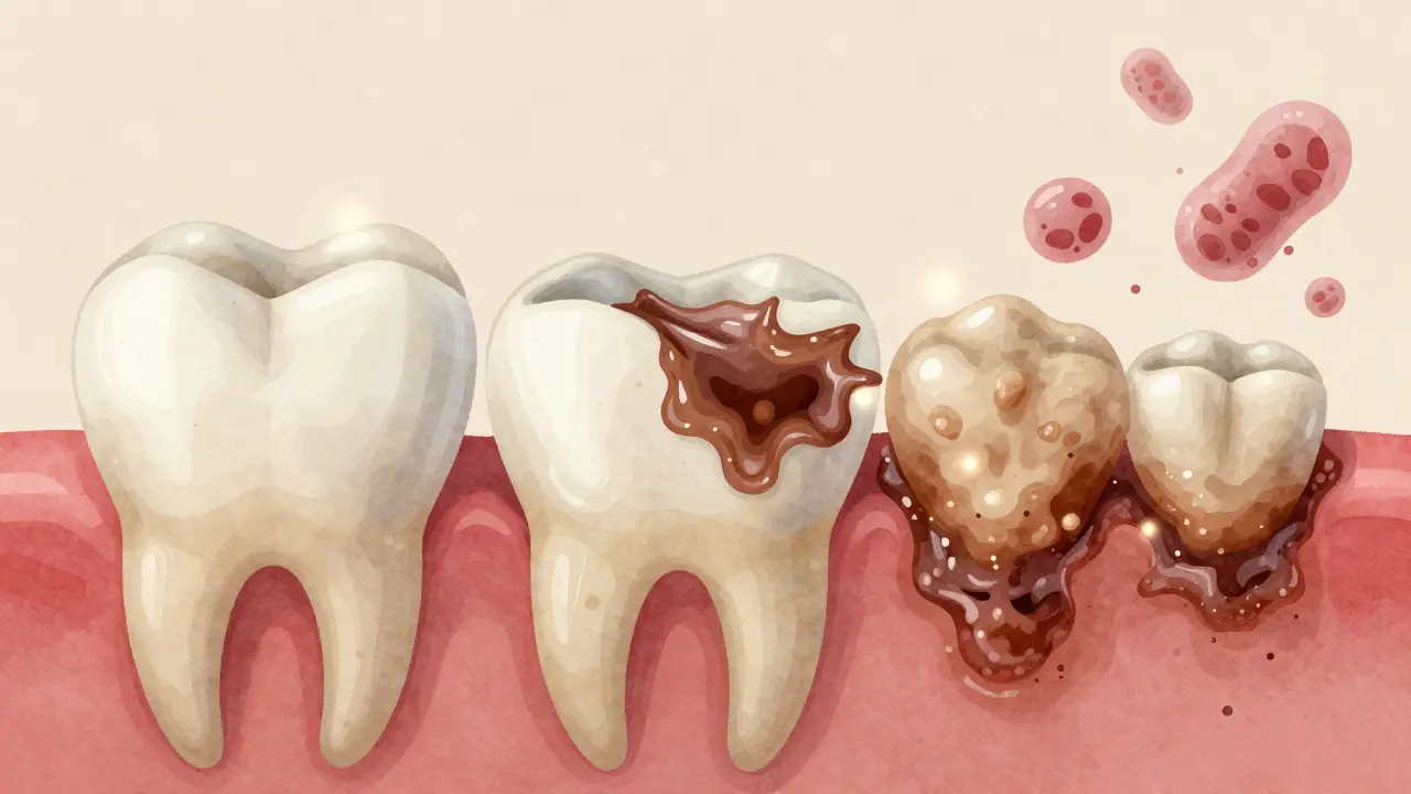 Illustration showing plaque transforming into hardened tartar along the gumline of teeth.