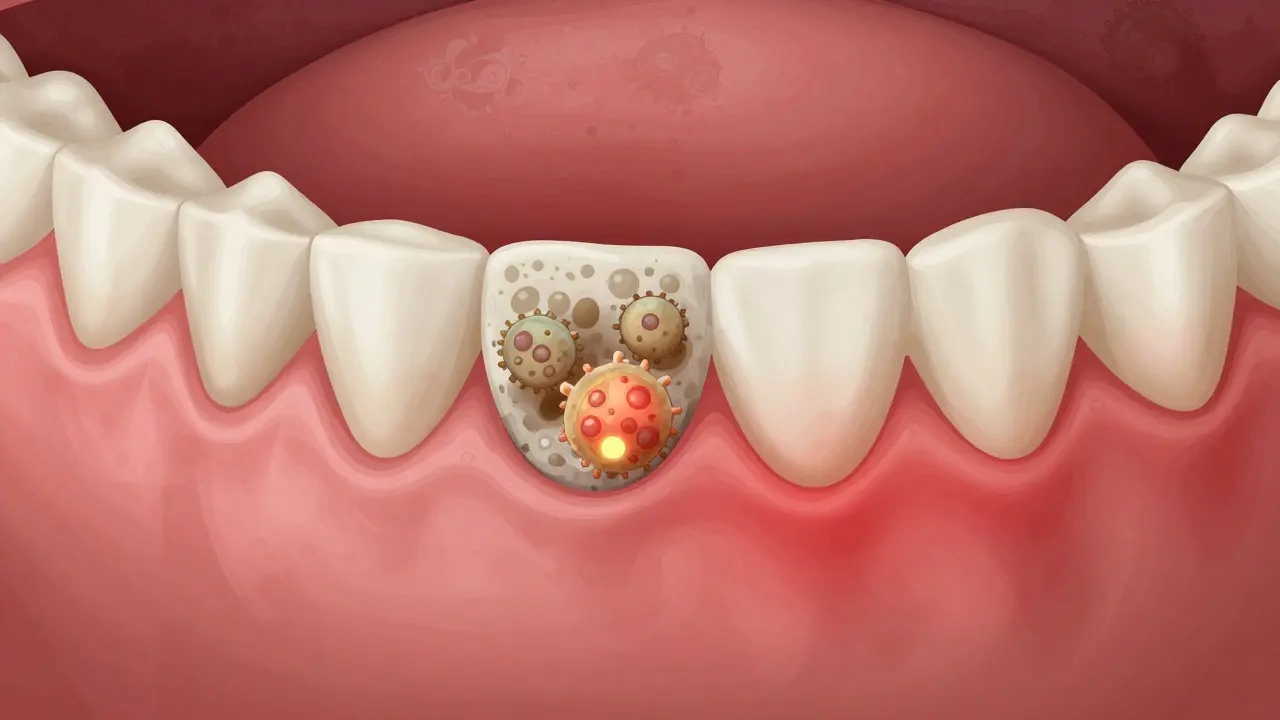 Křížový řez dásní s bakteriálním nánosem a zubním kamenem, s červenou hranicí zánětu se šířícím do kosti.