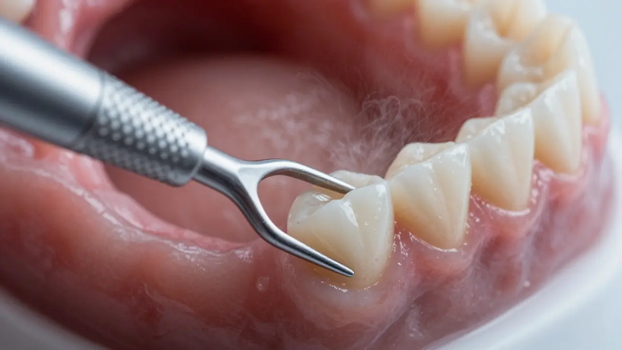 Makrofotografie nástroje odstraňujícího povlak zpod dásně.