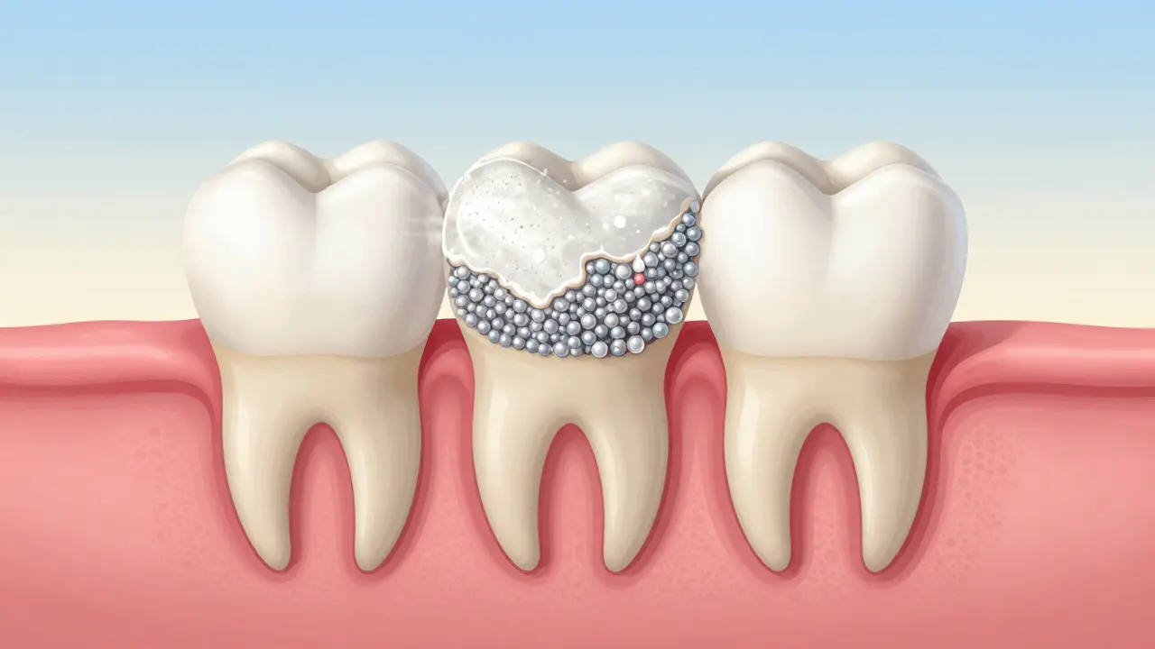 Mikroskopický řez zubem, kde fluor obnovuje minerály v sklovině.