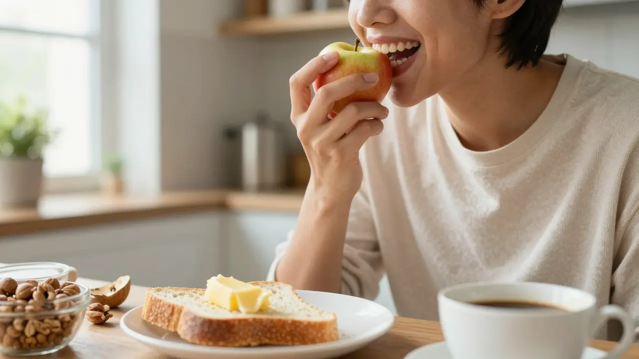 Muž kousne do jablka s přirozeným úsměvem, v kuchyni s čerstvými potravinami.