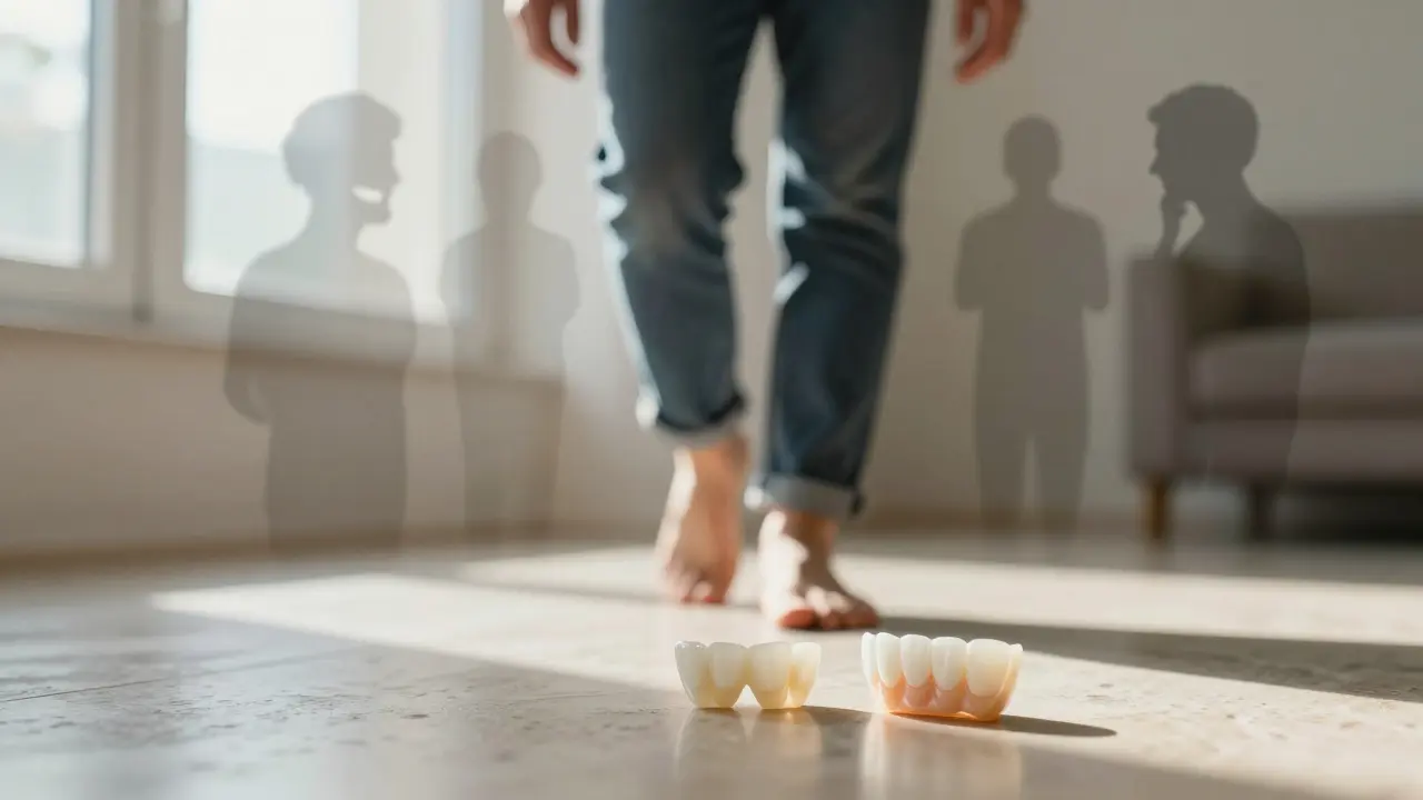 Person smiling confidently with perfect veneers, shadows of past insecurities fading away.