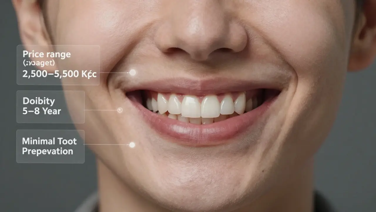 Person smiling with natural-looking composite veneers on front teeth.