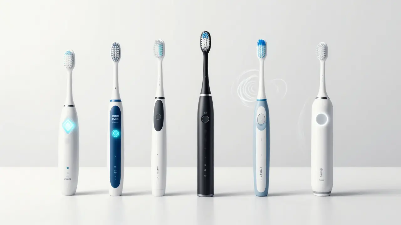Pět sonických kartáčků v minimalistickém prostředí, každý s unikátním designem a vizuálním zvýrazněním.