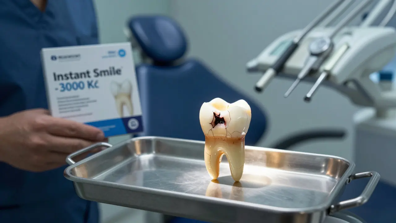 Poškozený zub vedle odstraněného nalepovacího zubu na lékařském talíři.