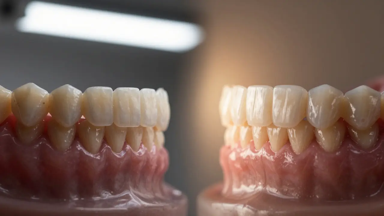 Před a po: špatné zuby vs. lesklé, přirozené fazety osvětlené zlatým světlem.