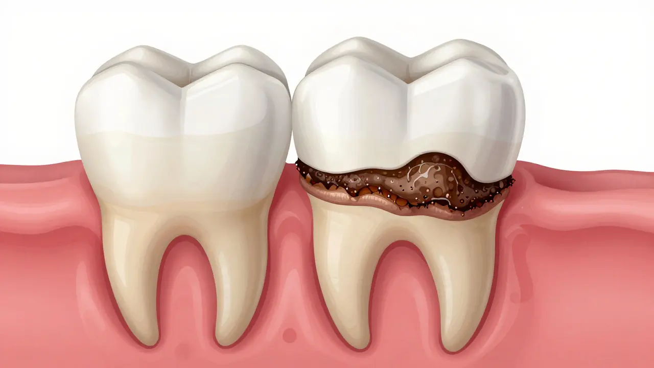 Přehled vývoje zubního kamene pod dásní a jeho účinku na kost a dásně.