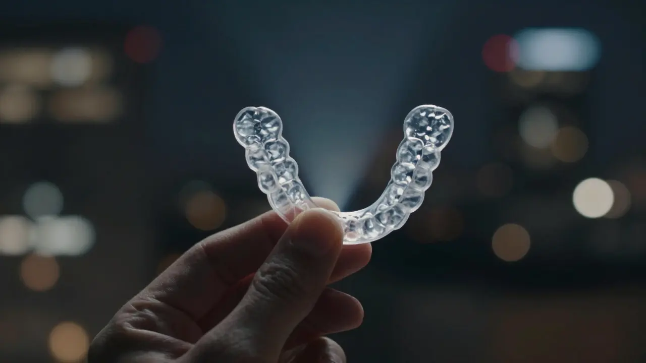 Průhledné rovnátko osvětlené jedním paprskem světla v temném prostředí.